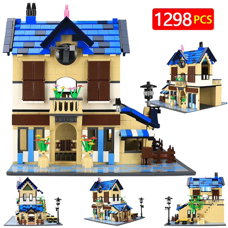 

1298pcs City Architecture Street View Country Villa Lodge Building Blocks Friends MOC Flower House Bricks Toys For Children Gift