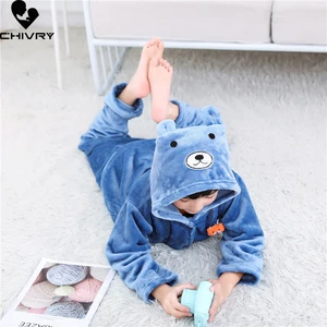 New Kids Flannel Pajama Sets Autumn Winter Boys Girls Warm Cute Cartoon Long Sleeve Hooded Tops with Pants Sleeping Clothing Set