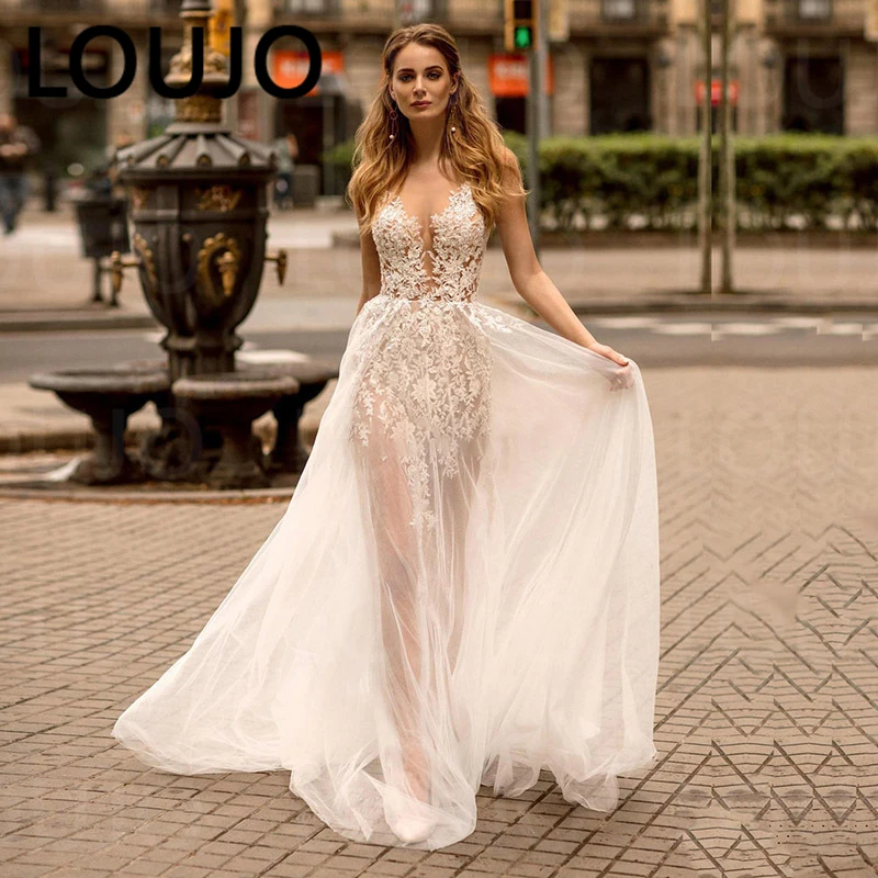 

LUOJO Bohemian Wedding Dress 2022 O-Neck Lace Beach Wedding Gown Sexy See Through Tulle Bride Dress vestidos de novia