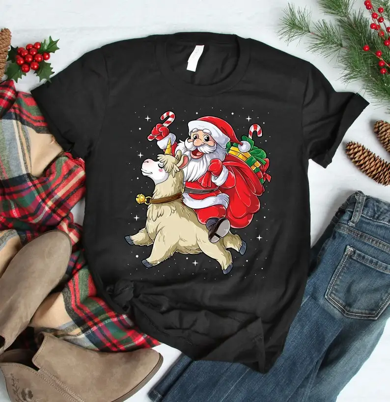 

Santa Riding Llama Christmas Shirt Happy Santa Claus Fashion Casual Cotton Round Neck Female Shirt Short Sleeve Top Tees y2k