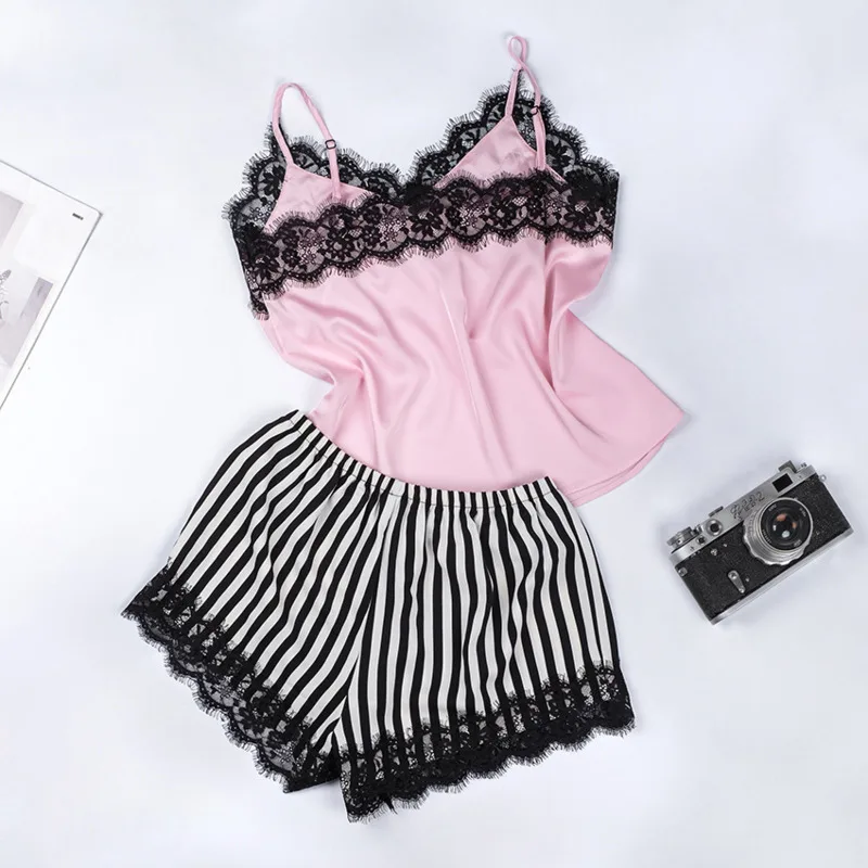 

Satin Pajama Set Women Spaghetti Strap Cami Striped Shorts Pajama Set Elegant Casual Sexy Lingerie Set Ladies Sleepwear