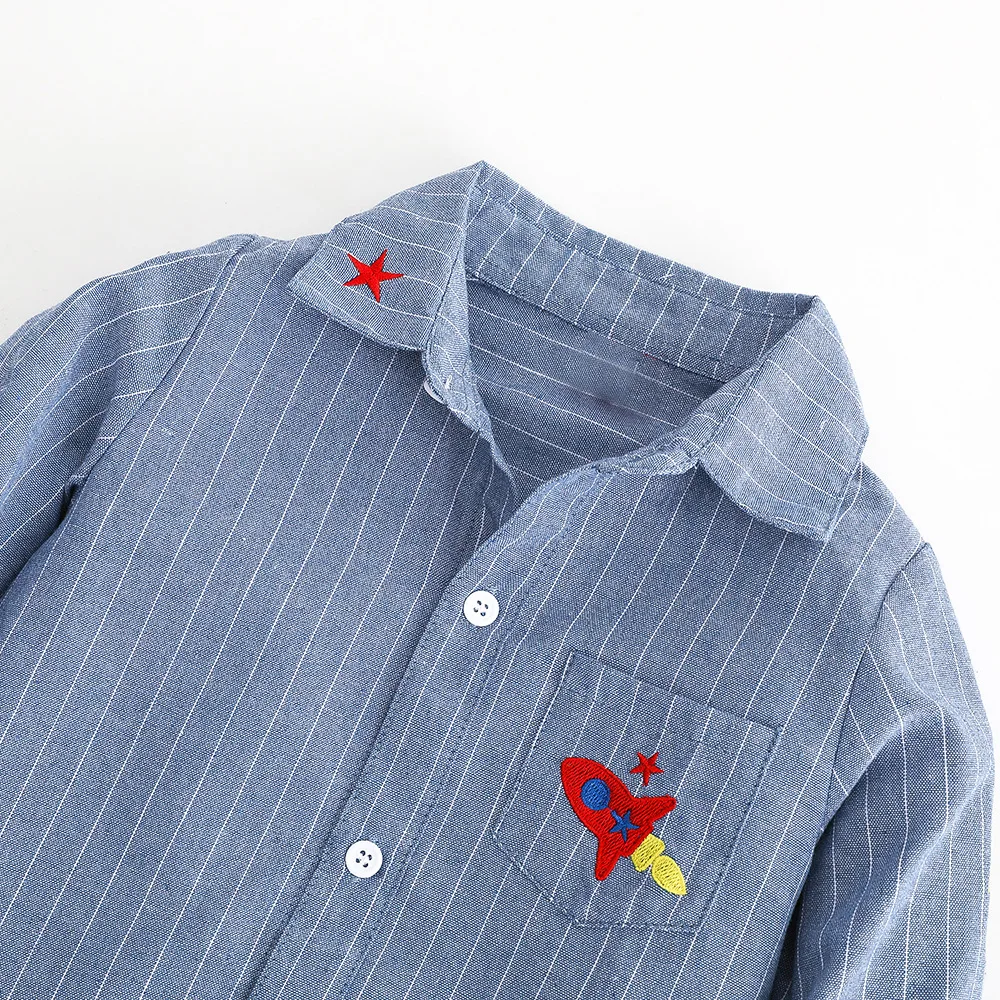 Осень 2019 100% хлопок длинный рукав отложной воротник Синий Полосатый плед Детская