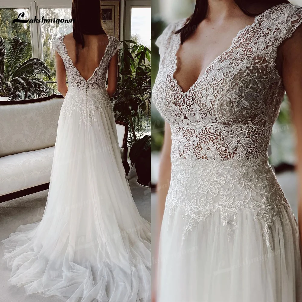 

Lakshmigown Lace Wedding Dresses V Neck Capped Sleeves Appliques Bridal Gowns A Line Bohemian Wedding Gown Robe De Mariee
