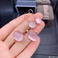 fine jewelry 925 pure silver inset with natural gem womens luxury noble oval rose quartz pendant ring earring set support detec