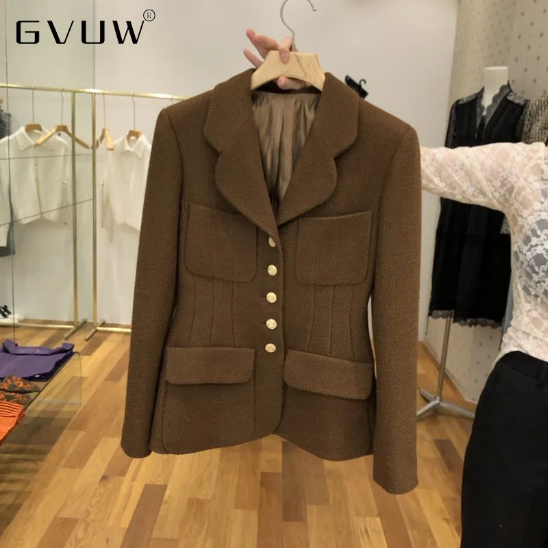 

GVUW South Korea Dongdamen 2021 Autumn Lapel Fashion Department Buckle Thin Waist Long Sleeve Suit Coat Women KB7331