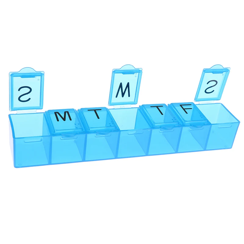 

Синяя пластиковая коробка для лекарств, разделители, 7 дней на неделю, коробка для таблеток, органайзер, большая коробка для хранения таблет...