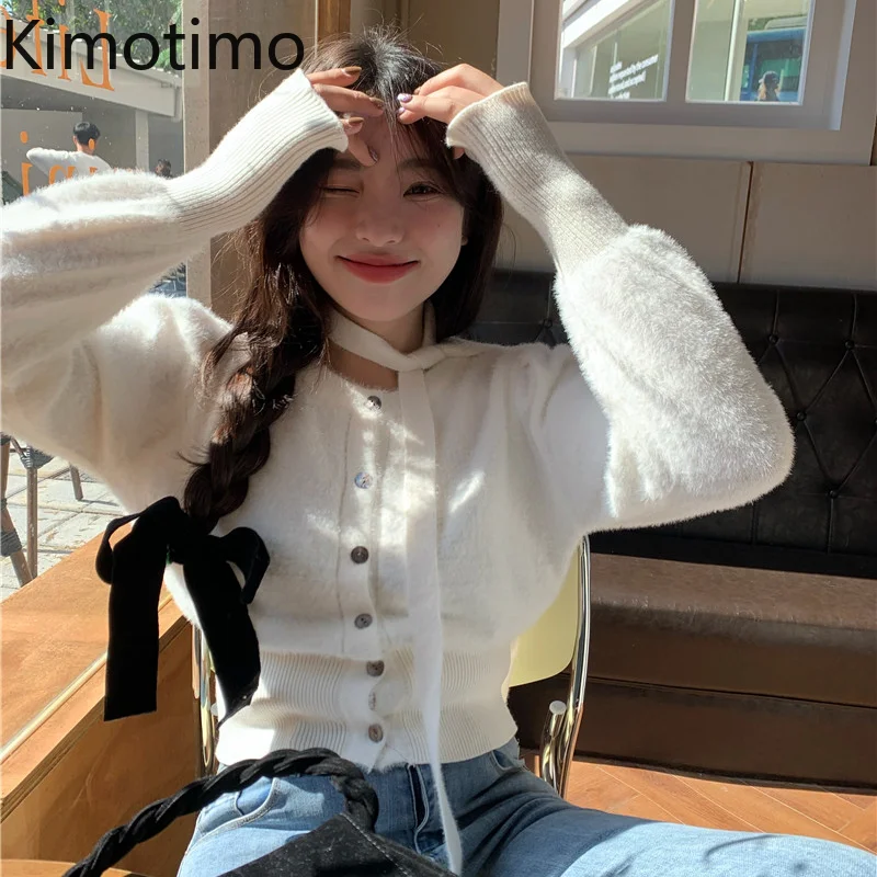 

Kimotimo Solid Knit Cardigan Women Autumn Winter Furry Pure Desire Sweater Coat Korean Chic Halter Slim Long-sleeved Crop Top