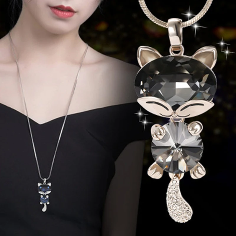 

KIOOZOL Women Vintage Jewelry Unique Shape Pendant Black Blue Color Crystal Micro Inlaid CZ Silver Color Long Necklace 416 KO3