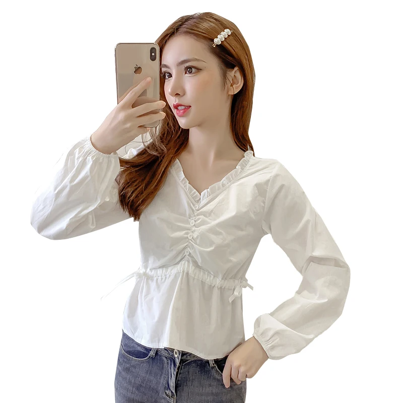 

COIGARSAM Preppy Style blouse women New Cute Elastic Waist V-Neck blusas womens tops and blouses White Red Green 5066