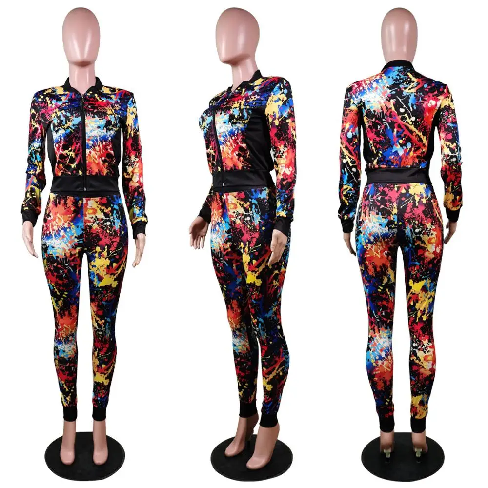 

Fall Winter Printed Sportswear Tracksuit Women's Zipper Up Long Sleeve Slim Fit Jacket and Bodycon Legging 2 Piece Sets