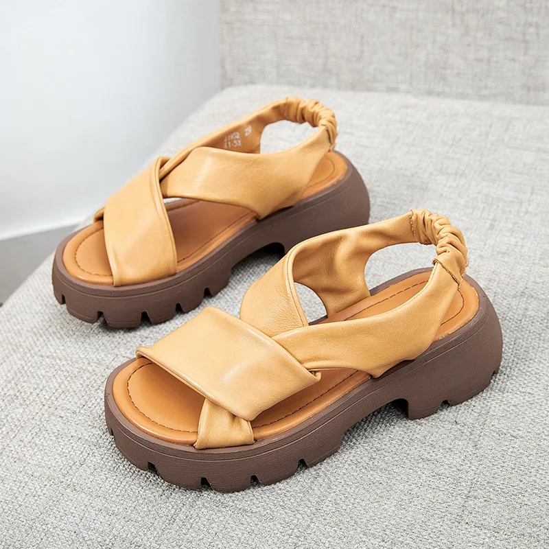 

YourSeason Vintage Ladies Sandals Genuine Leather 2021 New Handmade Concise Female Casual Platform Summer Shoes Elastic Band