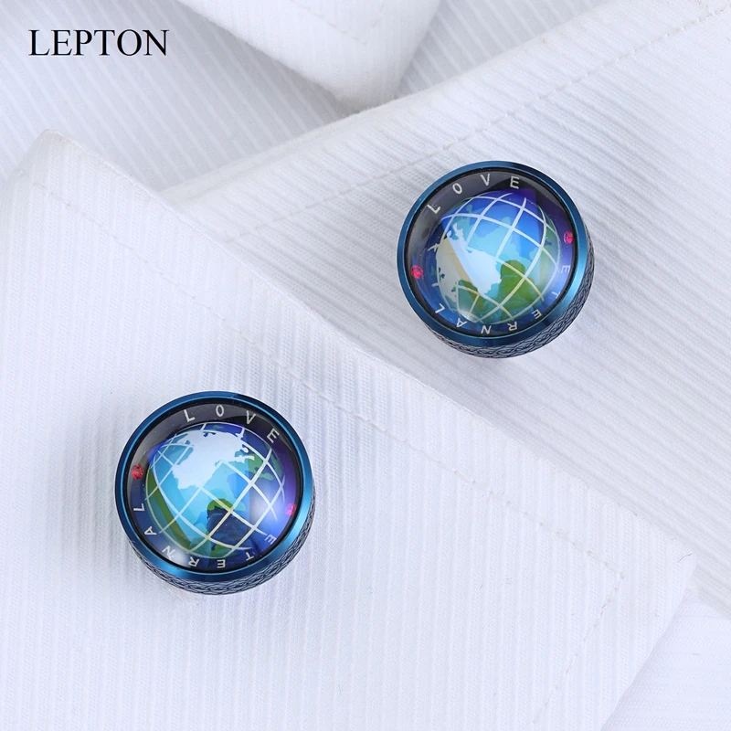 Lepton Globe Earth Cufflinks Blue Colors Stainless steel Rotatable globe planet earth World Map Cuff links Wedding For Mens