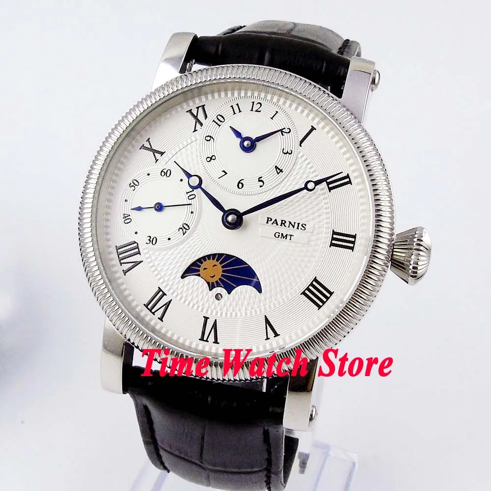 Парнис 42 мм Функция GMT с ручным заводом Для мужчин мужские часы белым циферблатом