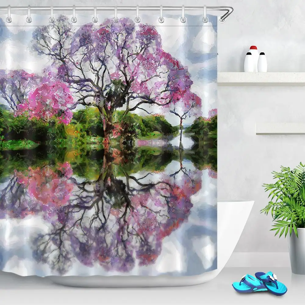 

Oil Painting Natural Scenery Shower Curtain Bathroom Art Decoration Green Plant Lake Water Tree Pattern Fabric Bath Curtains
