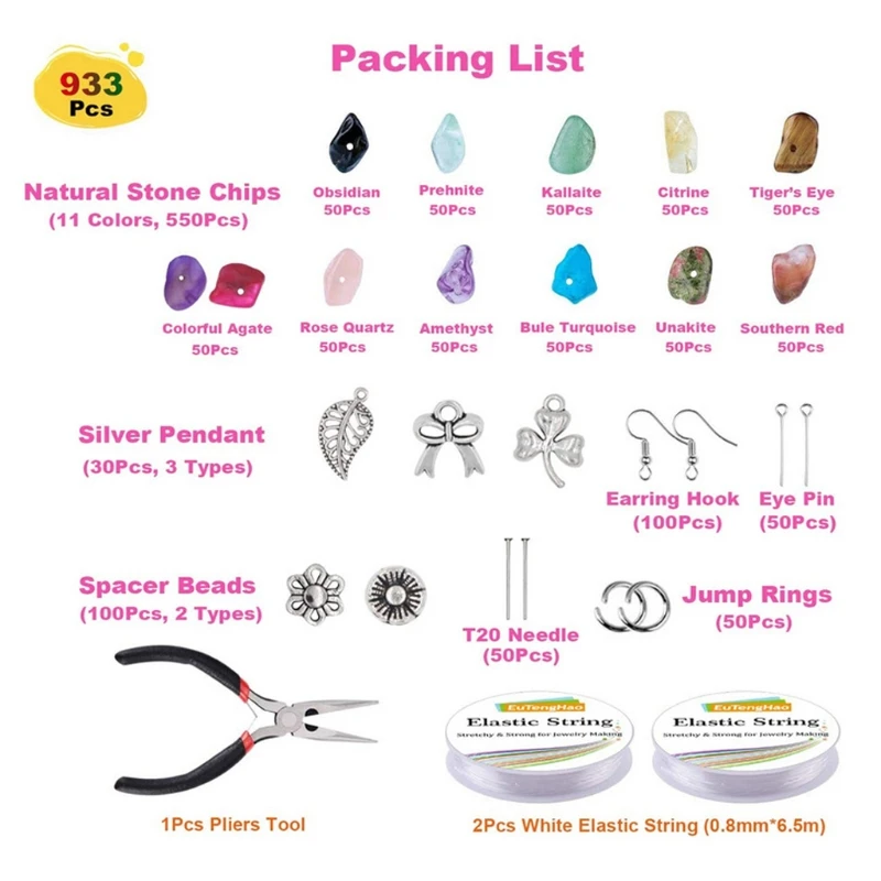 

933Pcs Irregular Chips Stone Beads Gemstone Beads Kit Crystal Chip Beads for Necklace Bracelet Earrings Jewelry Making