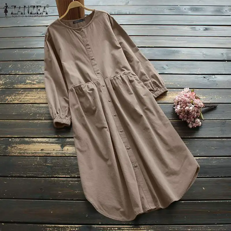 

Vintage Long Sleeve Sundress ZANZEA Women Spring Long Shirt Dress Elegant O Neck Solid OL Work Vestidos Casual Baggy Dresses 7