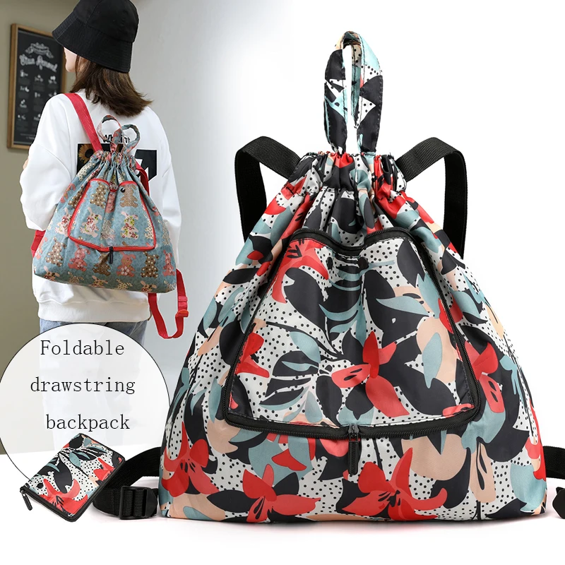 

Большой портативный женский рюкзак на шнурке, легкий женский дорожный рюкзак с винтажным принтом, водонепроницаемая складная сумка для пок...