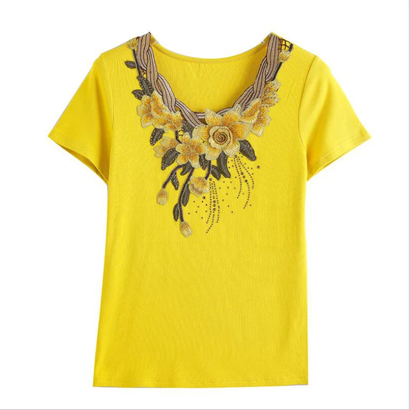 

4XL women T-Shirt Fashion Embroidered Middle-aged women's Tops Korean short-sleeved cotton T-shirt plus size Women shirt