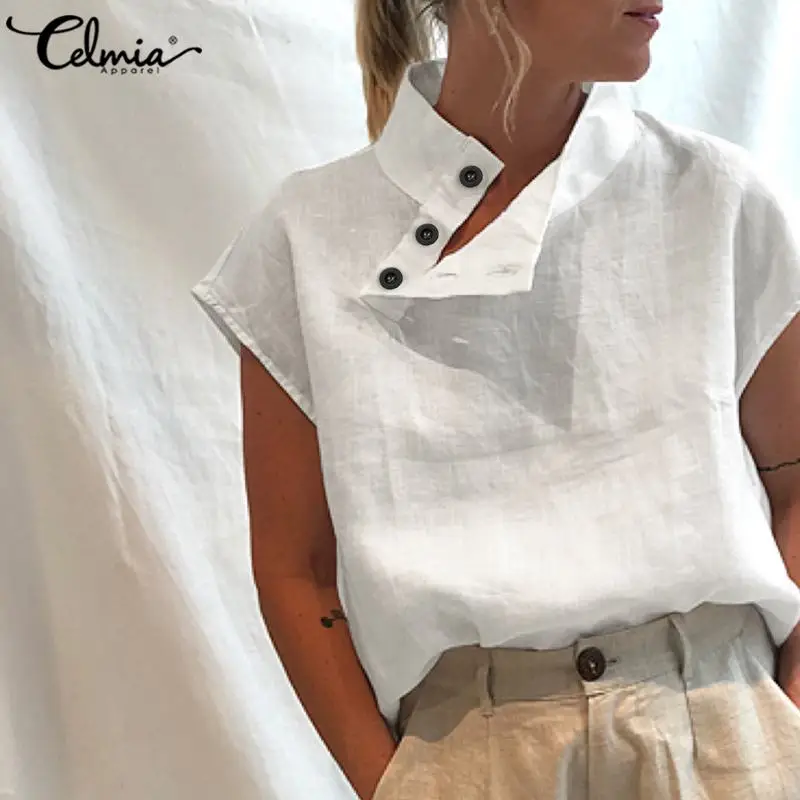 

2022 Celmia Stylish Blouses Women Summer Vintage Short Sleeve Cotton Tops Tunic Buttons Solid Casual Loose Party Office Blusas