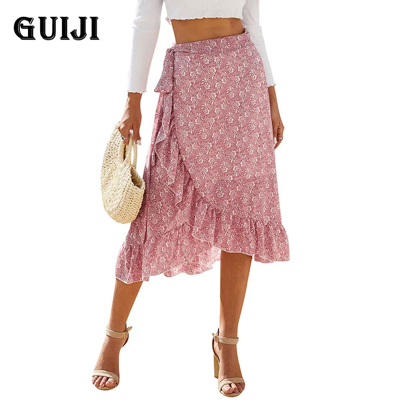 

[Guiji】ready Stock 2021 винтажные шифоновые миди-юбки, женские летние плиссированные юбки с цветочным принтом и высокой талией, женские модные сексу...