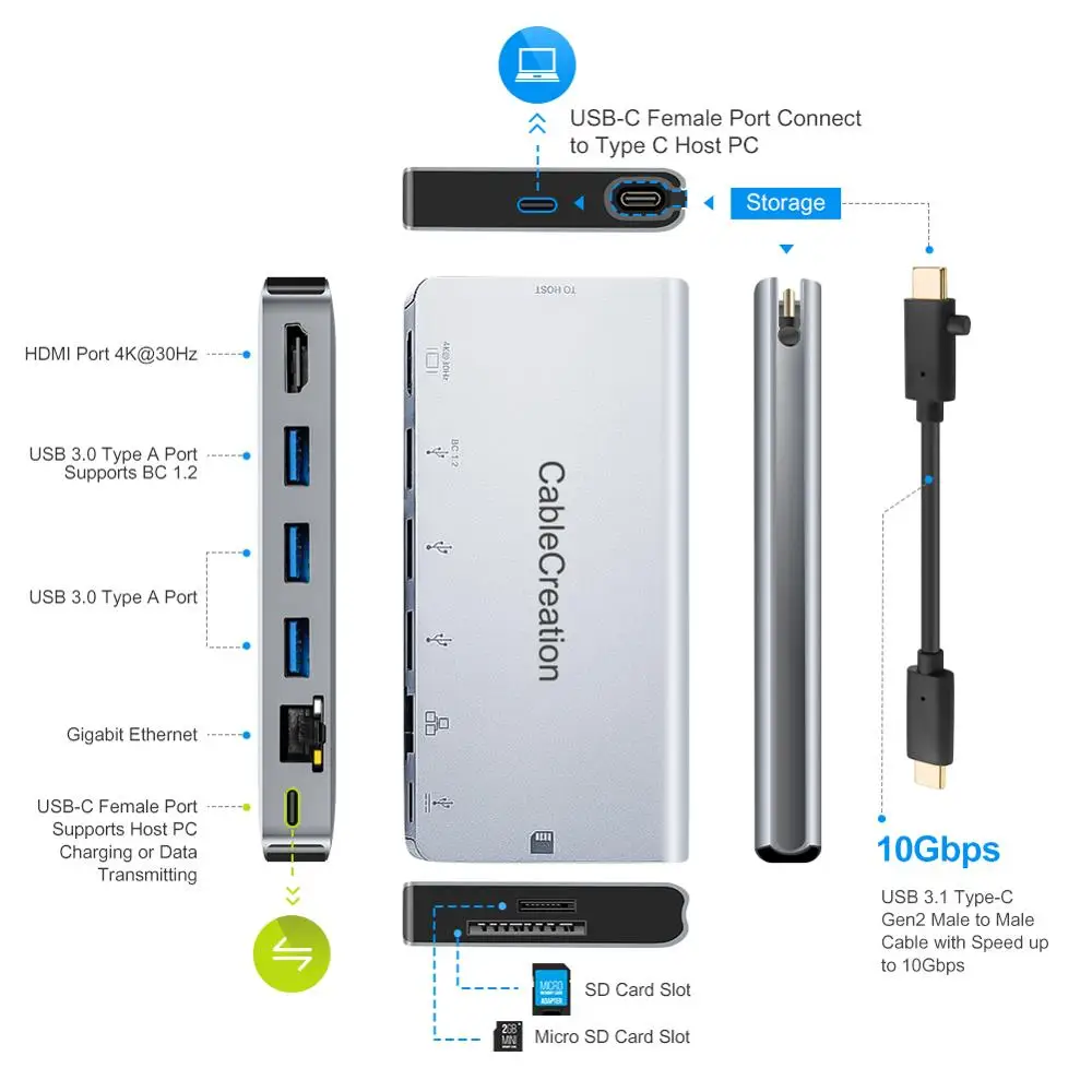USB C многопортовый адаптер CableCreation Type к HDMI 4K + VGA 3 0 Gigabit Ethernet SD/Micro SD Data или PD зарядная