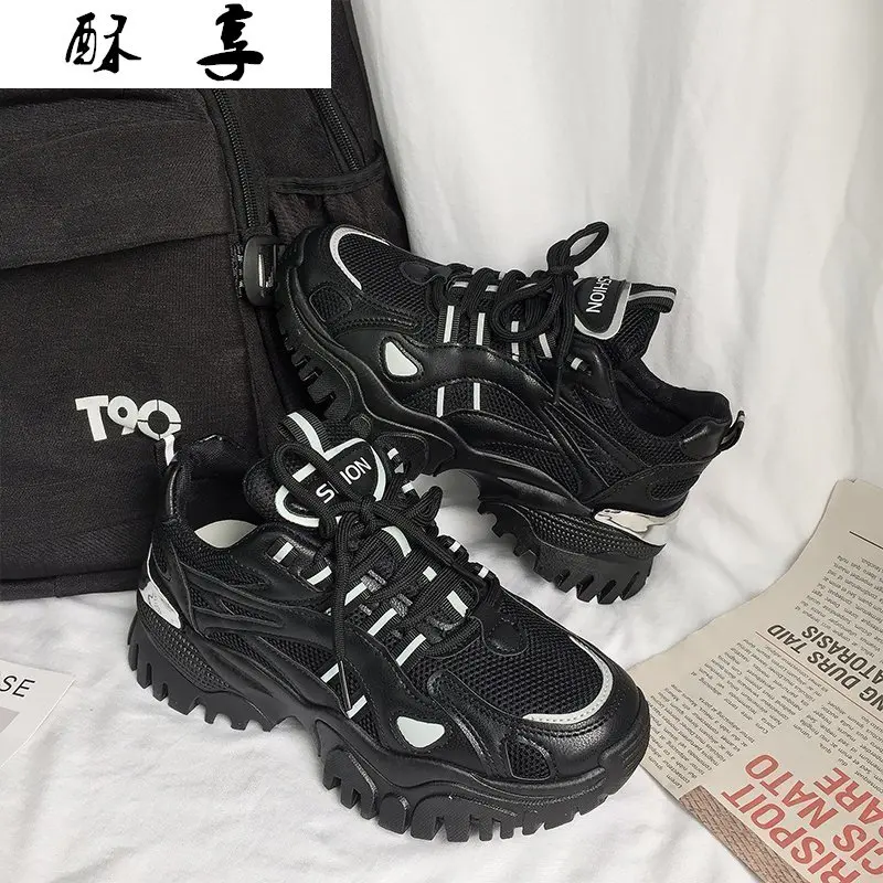 

Female Sneakers Chunky Dad Shoes Lace-Up Mesh Breathable Reflective Fashio Shallow Fashionable Black Ladies Women's Casual Shoes