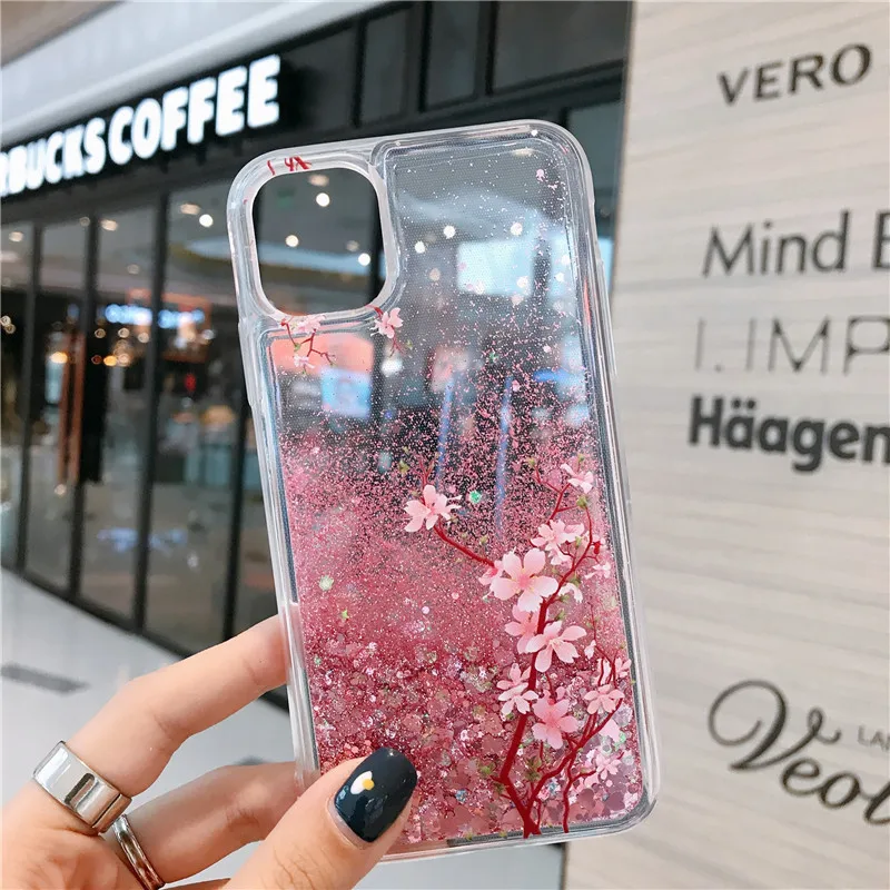 Pink Spring Cherry Blossoms For iPhone 14 Pro Max 13 12Mini 11 XS XR X SE 2020 6 6S 7 8 Plus Case Glitter Liquid Quicksand Cover