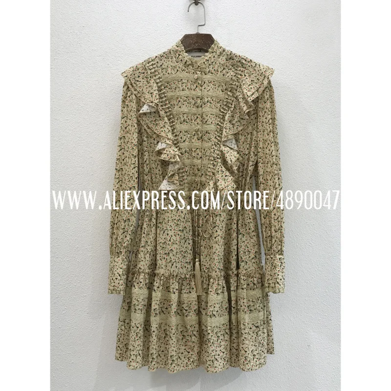 

Fashion Ladies Dress Cotton Floral Lace Stitching Long Sleeve Ruffle Short Dress High Quality Ladies Retro Elegant Dress