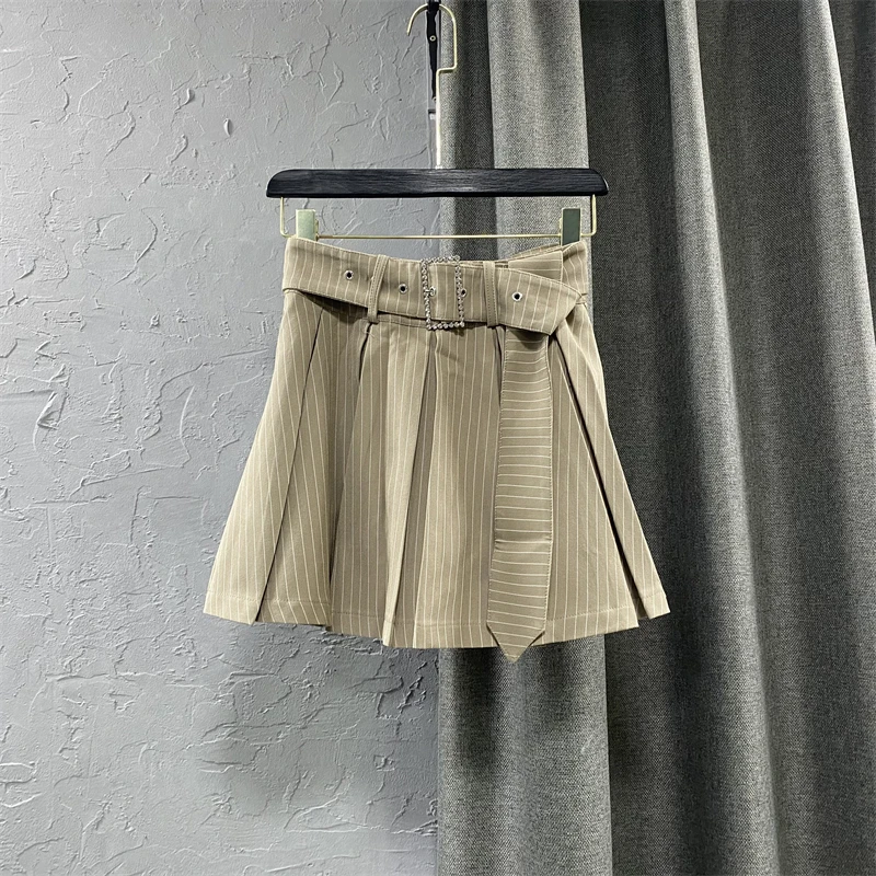 

Female A- Line Sexy Skirt 2021Autumn Winter New Casual Striped Belt Hot Drilling Skirt Womens Hot Girls Mini Sexy Pleater Skirts