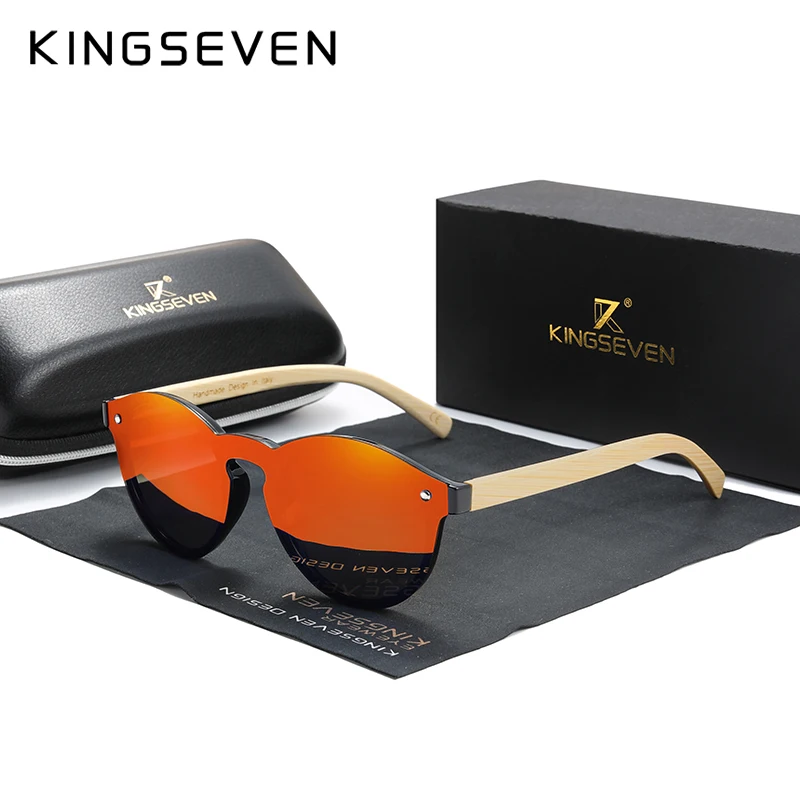 KINGSEVEN поляризованные мужские очки с логотипом под заказ из бамбука, деревянные Винтажные Солнцезащитные очки с защитой от уф400 лучей, модные женские очки - Цвет линз: Red Bamboo
