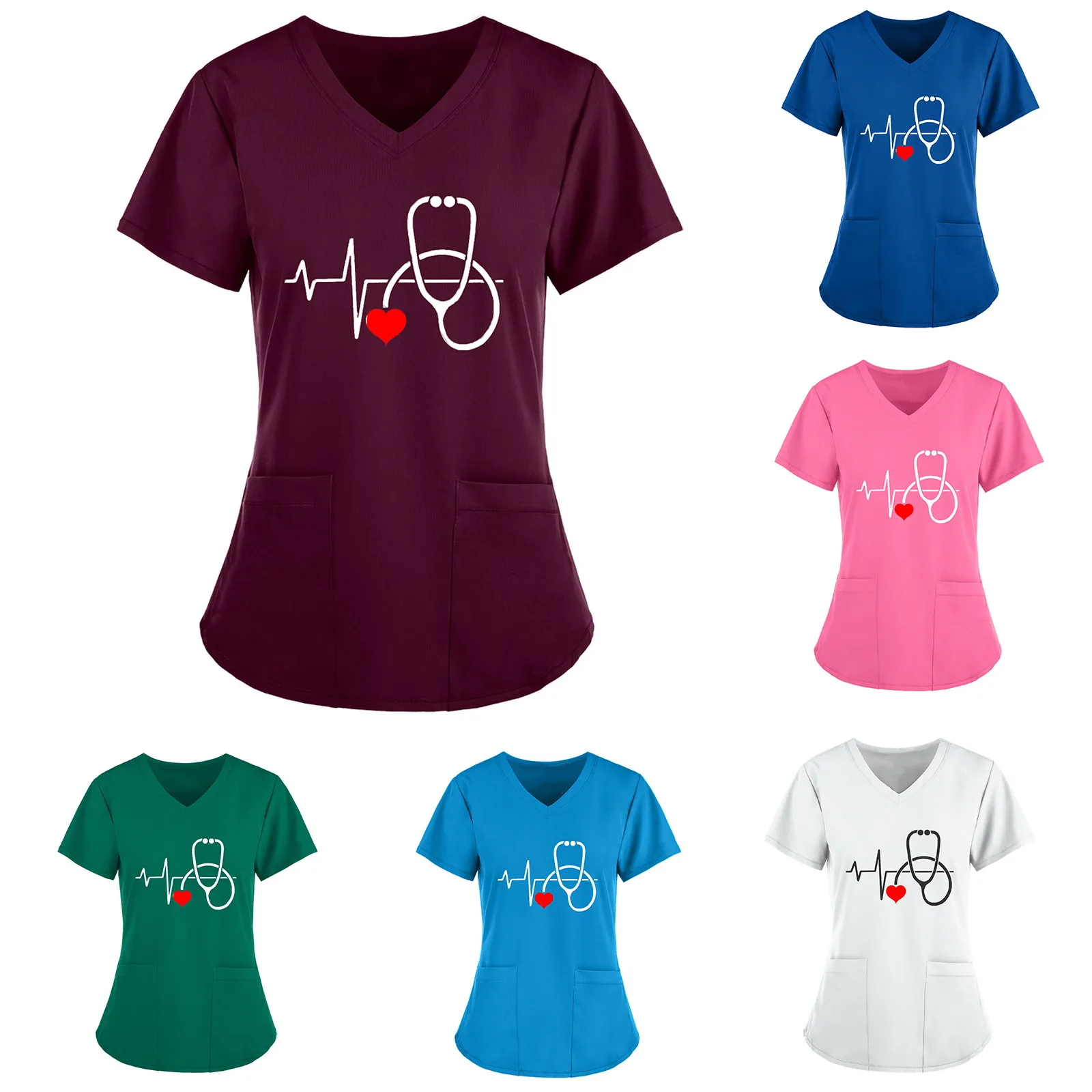 

Ladies Love Short Sleeve V-neck Pocket Carer Top Short Sleeve V-neck Top Work Uniform Solid Color Pocket Top