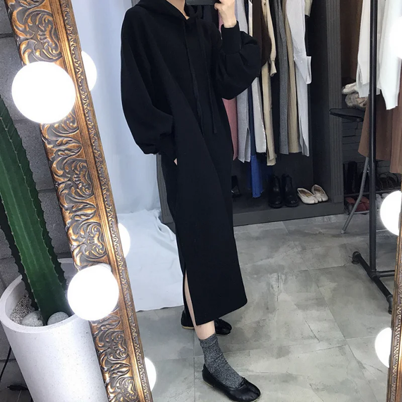 

Alien Kitty Women Dresses Loose Hooded Solid Casual Large Size Warm Thick Long-Sleeves Female Fashion New Elegant