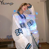 korean alphabet embroidery women baseball uniform y2k loose fitting single breasted ladies jacket campus style fashion cardigan
