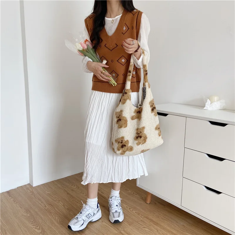 

Women's Plush Bear Printed Front and Back Shoulder Totes Shopping College Student Bag Handbag