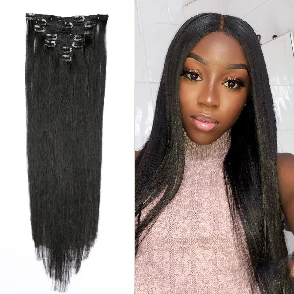 Silky Straight Clip In Human Hair Extensions Remy Human Hair Brazilian Clip Ins Natural Black 7Pcs/Set 120g For Women