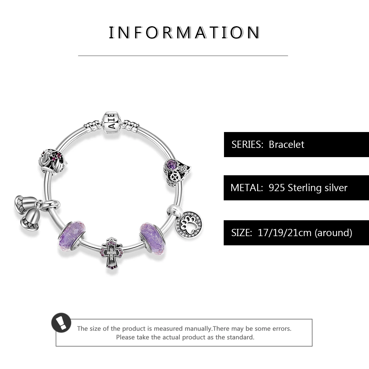 Браслеты из стерлингового серебра 925 пробы с фиолетовыми стеклянными бусинами