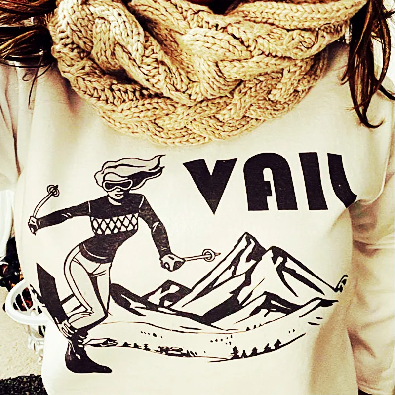 

Hillbilly American Retro Style Ski Vail Printed Women Sweatshirt White Cotton Long Sleeve Thick Warm Pullover Casual 2021 Spring