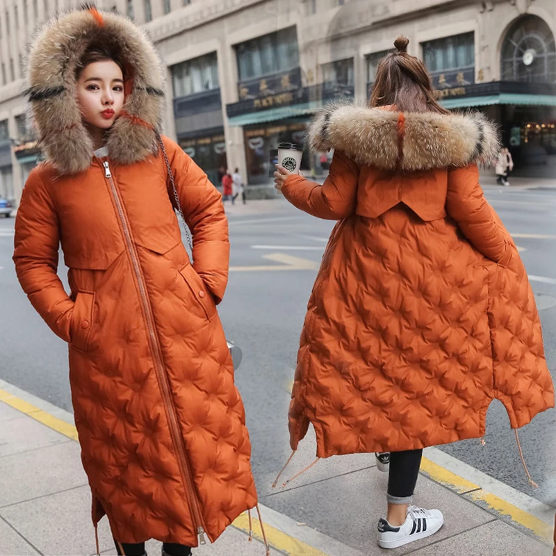 GBYXTY, длинный пуховик с капюшоном,, зимний, женский, толстый, натуральный мех енота, с воротником, утиный пух, куртка и пальто, camperas mujer, ZA877