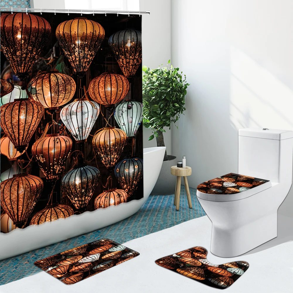 

Chinese Style Retro Lantern Floral Shower Curtain Color Umbrella Non-Slip Flannel Rugs Toilet Cover Bathroom Set Bath Mat Decor