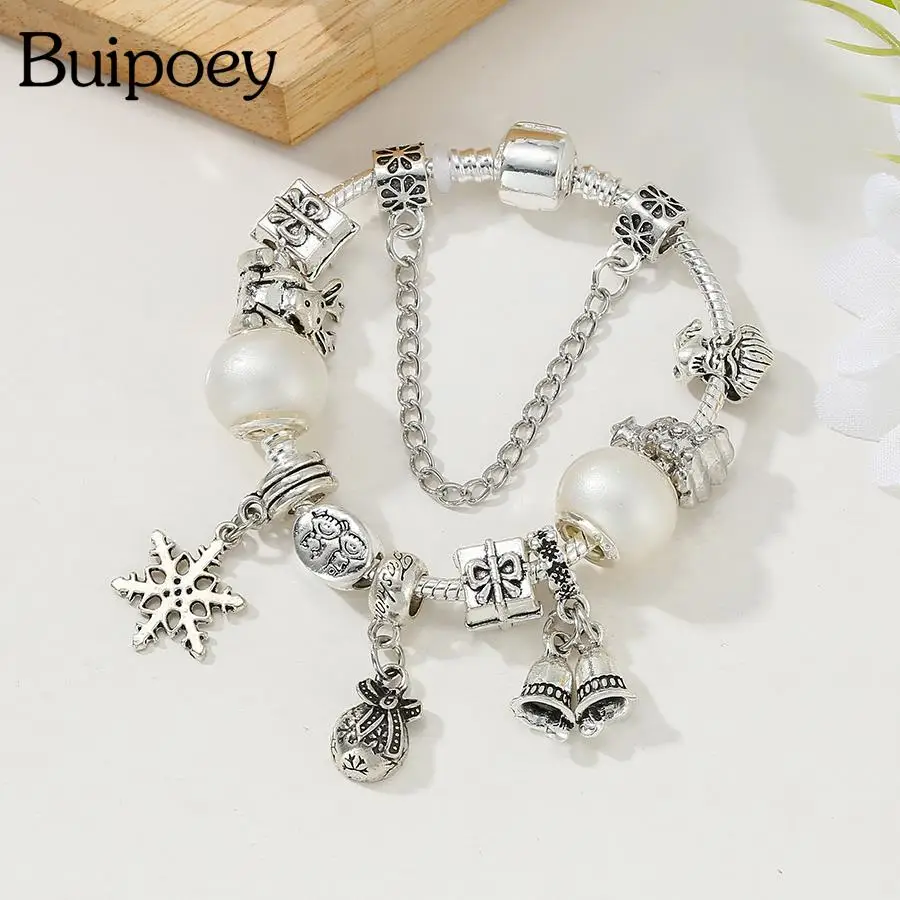 

Buipoey XMAS Bell Gift Bag Snowflake Charm Bracelets For Women Original Santa Claus Christmas Tree Reindeer Beaded Bracelet Gift