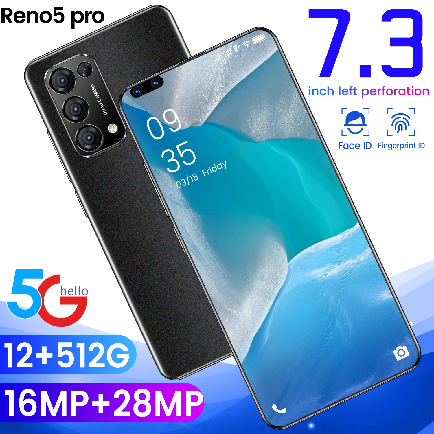 

Reno5 Pro 7.3 Inch Smartphones Android10 Face wake Memory 12GB +512GB Camera 16MP+28MP 5000mAhDual SIM Card 5G Global Version