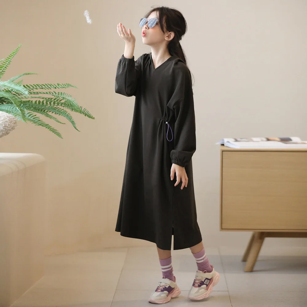 Vestido informal de 8 a 16 a&ntilde;os para ni&ntilde;as, traje de algod&oacute;n con capucha para adolescentes y ni&ntilde;os, ropa de Oto&ntilde;o de cintura alta, #2021, novedad de 6512-0