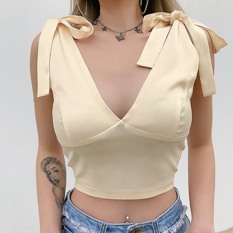 

Women Sexy Tie Up Shoulder Camisole Slim Small Vest V Neck Solid Color Crop Camis Tops