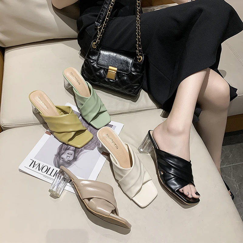 

Elegant Women's Slippers with Heel Pure Color Simple Cross Vamp Fashion All-match Mature Open-toed Women's Slippers