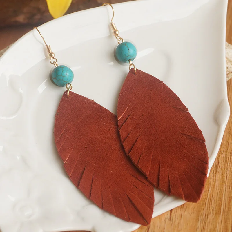 

Cutout Fringe Leaf Feather Genuine Leather Dangle Drop Earrings for Women