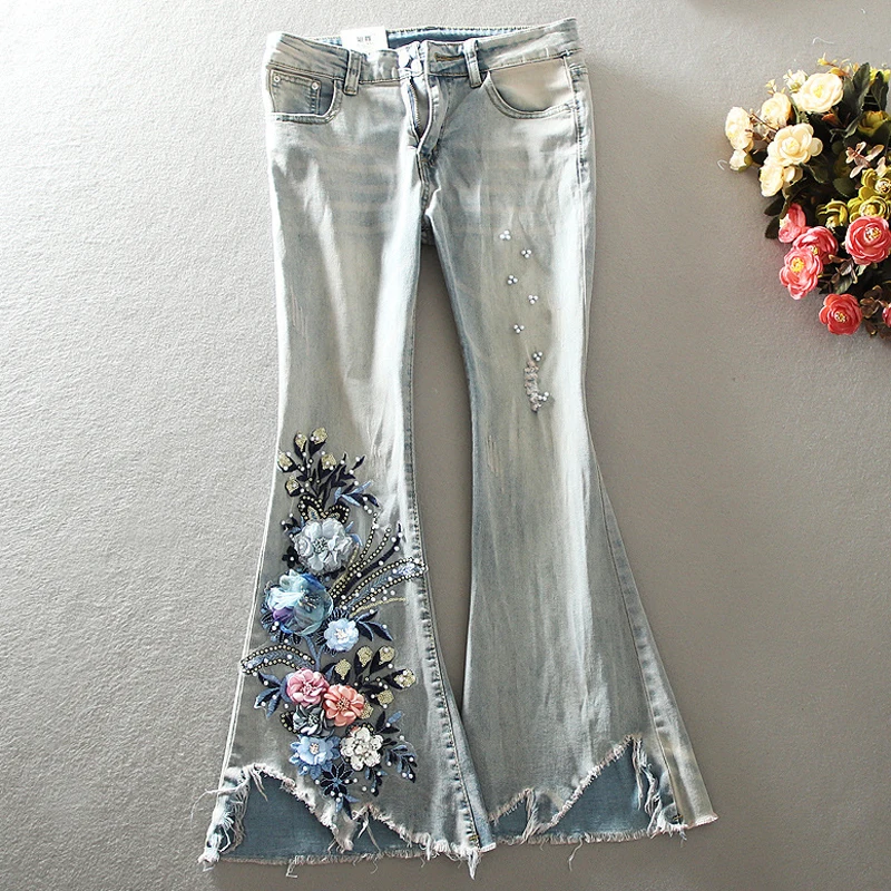 

Best Seller Luxury 3D Flowers Beading Sequined Flare Pants Women Fashions Slim Fit Stretch Jeans Female Casual Trousers New