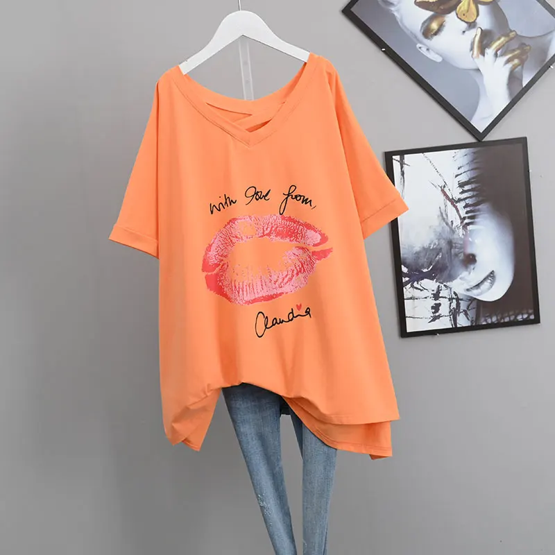 

Women's Korean-Style Short-Sleeved T-shirt Loose Large Size Fashion Tops 2021 Spring and Summer New Cotton V-neck Half-Sleeve