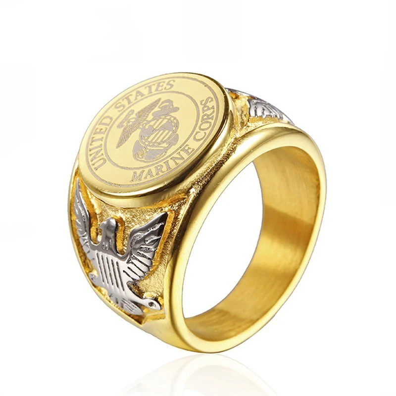 Gold Tone USA Military Ring Silver Color Badge Eagle United States MARINE CORPS US ARMY Men Rings In Stainless Steel