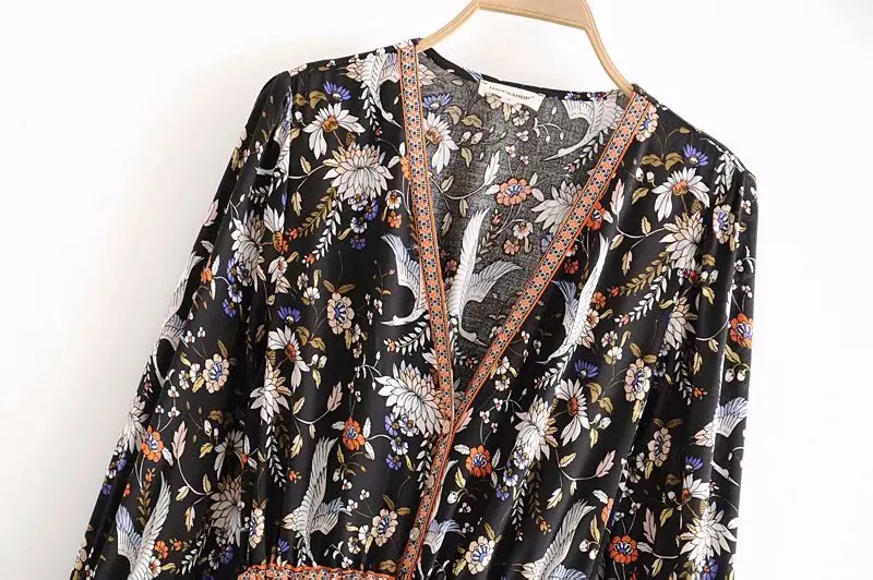 Винтажное шикарное женское Пляжное Платье макси с длинным рукавом и цветочным