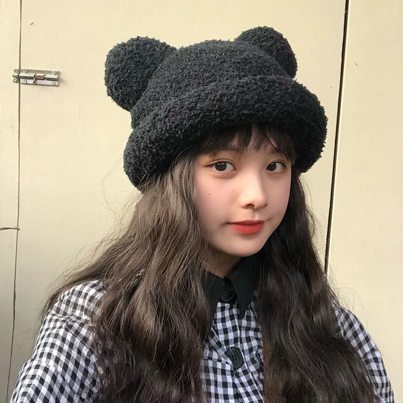 

2022 Small Pure And Fresh And Soft Sister Show MOE Plush Hat Female Leisure Students Cute Mickey Ears Fisherman Cap Basin Cap Lu